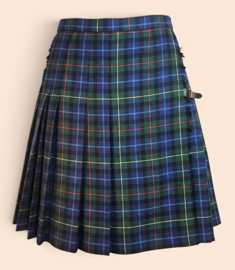 Vintage 70s 80s Leather Strap Plaid Kilt Skirt Fringed Apron & Kilt Pin
